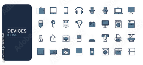 Comprehensive set of modern electronic device icons with blue accents, representing technology and home appliances.