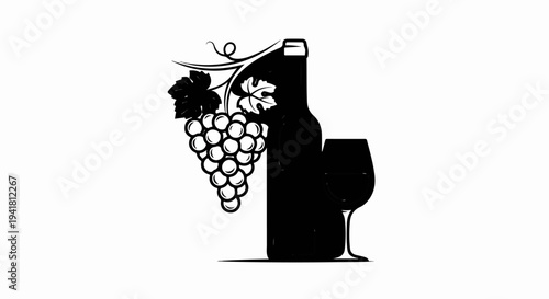 Silhouette of a wine bottle, glass, and grapes on a white background