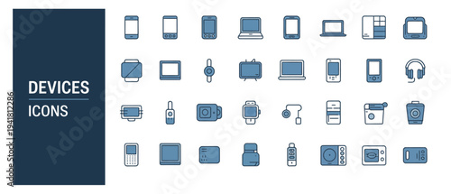 Diverse collection of electronic devices and gadgets icons, featuring modern technology and home appliances.