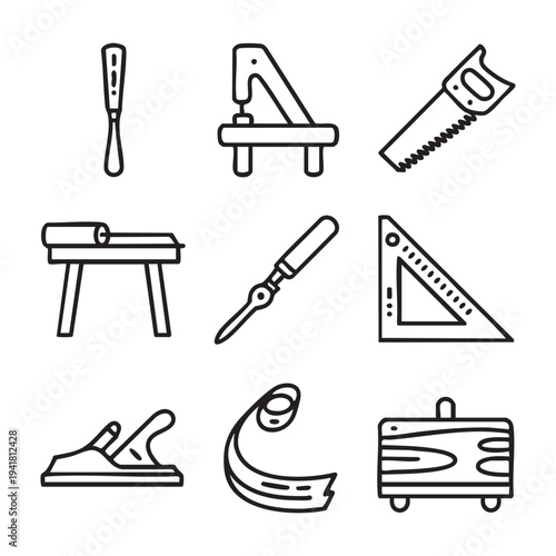 Set of black and white woodworking tools including saws, clamps, and measuring tools ruler