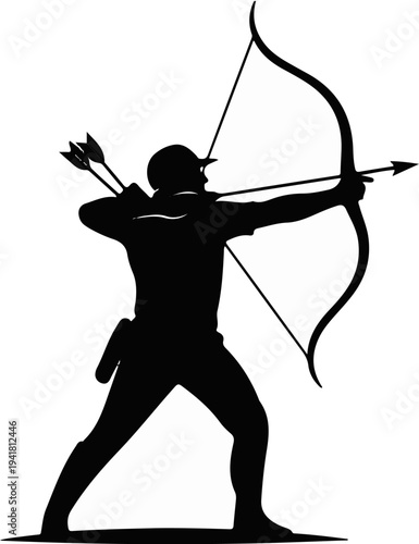 Silhouette of an archer drawing a bow, aiming a projectile