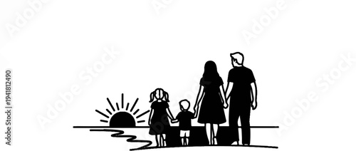 Silhouette of family holding hands, watching a sunrise over water