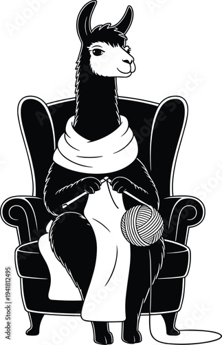 Black and white llama sitting in chair knitting