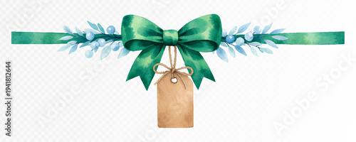 Watercolor green ribbon bow with winter branches and hanging kraft tag, festive holiday decoration element for gift wrapping, greeting cards and seasonal design. Vector illustration