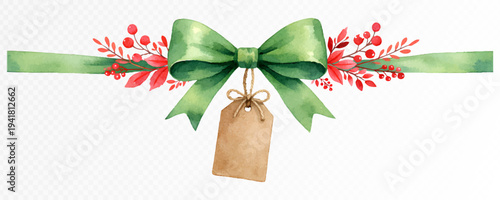 Watercolor green ribbon bow with winter branches berries and kraft tag, festive christmas decoration element for gift wrapping, greeting card design and seasonal holiday packaging. Vector illustration