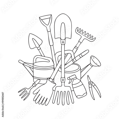 Set of gardening tools and watering cans in a line spade rake shears