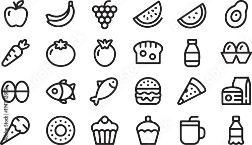 Black and white of various foods and drinks arranged in a grid apple