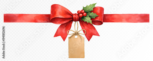 Watercolor red ribbon bow with berries leaves and hanging kraft tag, festive christmas decoration element for gift wrapping, greeting card design and winter holiday packaging. Vector illustration