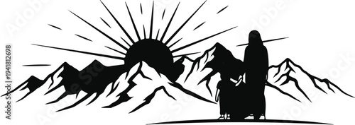 Silhouette of figures against sunrise and mountains