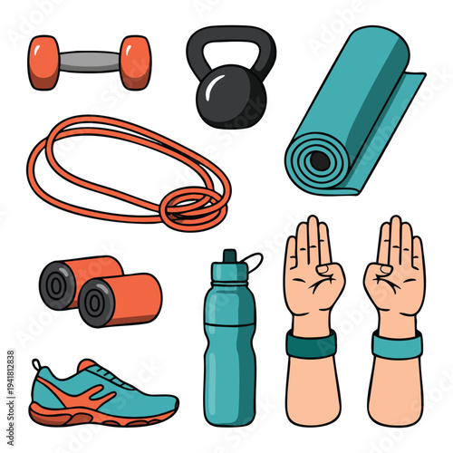Colorful fitness equipment and accessories including dumbbells, kettlebell, yoga mat, resistance band