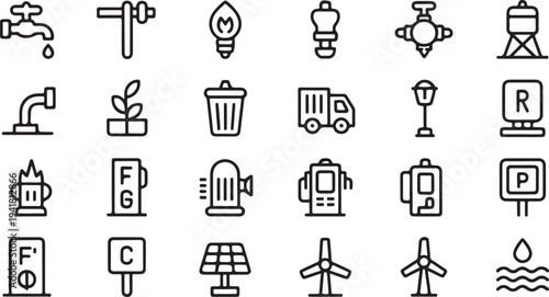 Black and white of various utilities and energy sources water