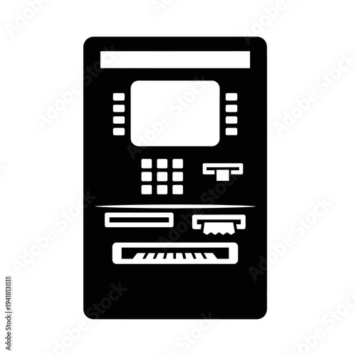 Black and white ATM machine illustration.