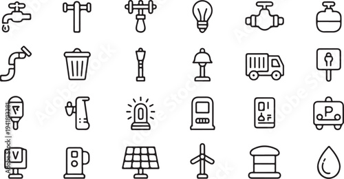 Black and white of various utility and energy-related and symbols water
