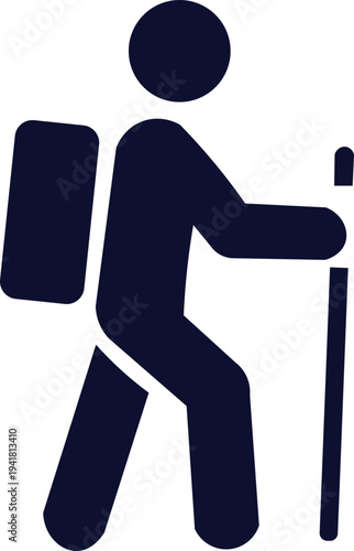 Hiker with backpack and walking stick icon representing trekking adventure travel, mountain hiking outdoor activity and explorer tourism concept vector illustration