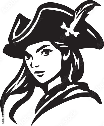 Hand Drawn Woman Pirate Black and White Avatar Illustration in Minimal Line Art Style Design