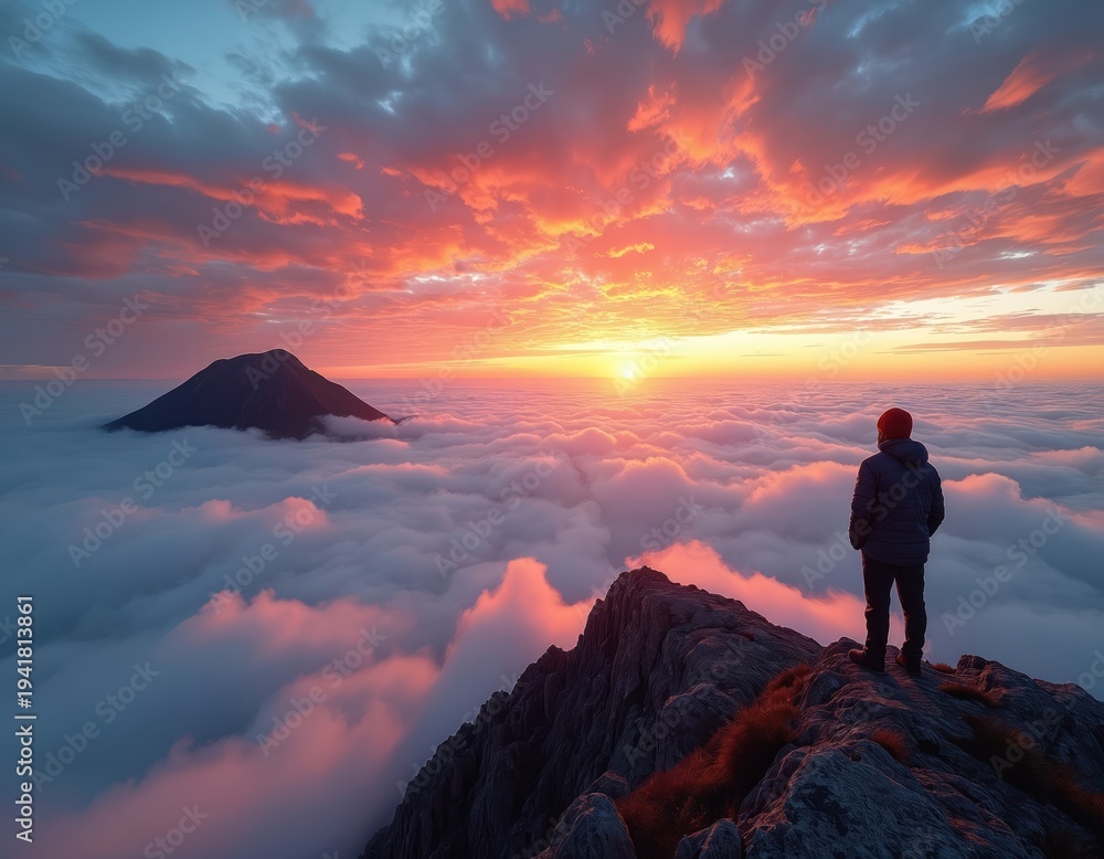 Fototapeta premium Man on rocky mountain peak watches vibrant sunset over sea of clouds. Distant mountaintop emerges from fog. Sky glows with orange pink hues at dusk.