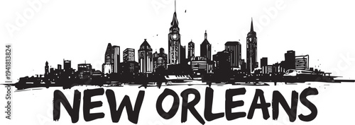 Detailed skyline of new orleans louisiana with artistic sketch style and bold title design