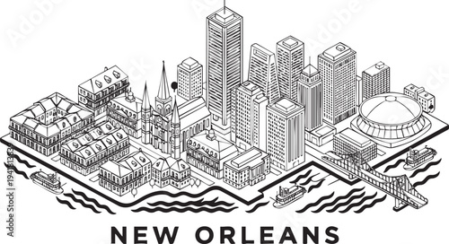 Isometric new orleans city skyline drawing with historical buildings and mississippi river