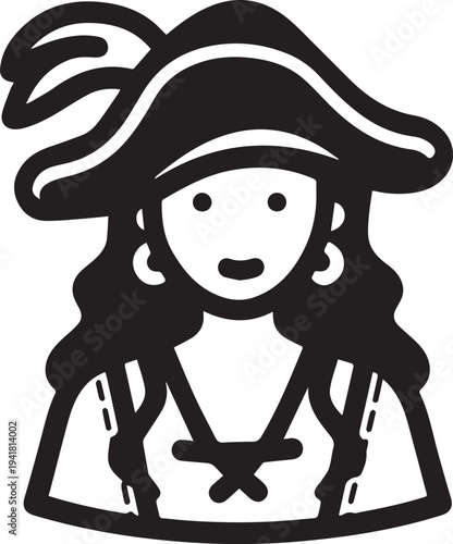 Hand Drawn Woman Pirate Black and White Avatar Illustration in Minimal Line Art Style Design