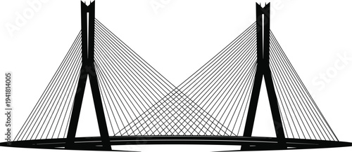 Black silhouette illustration of a modern cable stayed bridge with tall pylons and detailed support cables isolated on white background,