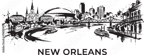 New orleans riverfront skyline with steamboats, black and white vector art on transparent background