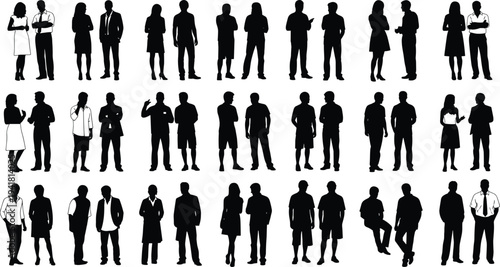 Mega collection of black and white professional people silhouettes featuring business men and women in various standing and talking poses,