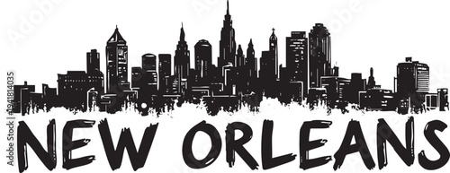 Fotografie New orleans skyline graphic with text, black and white vector art on transparent