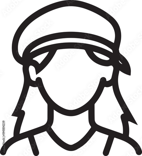 Hand Drawn Woman Pirate Black and White Avatar Illustration in Minimal Line Art Style Design