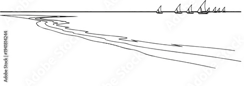 Sailboats glide across the horizon over a winding river path