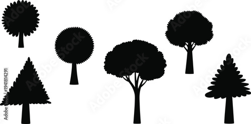 Black silhouette illustration featuring six distinct tree shapes with rounded and conical canopies, representing forest diversity, botanical study, eco‑friendly design, and educational nature concepts