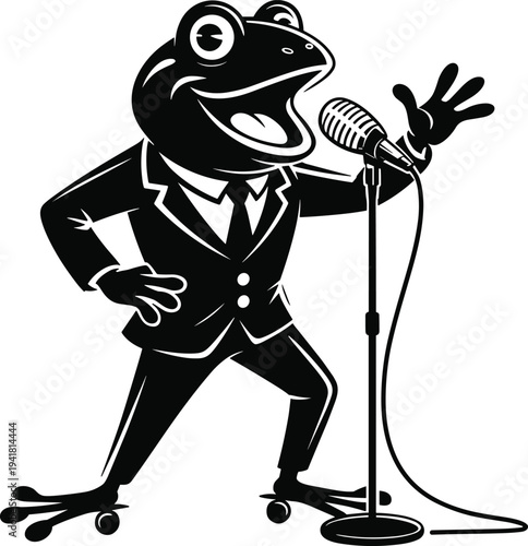 Black and white of a frog in a suit singing into a microphone