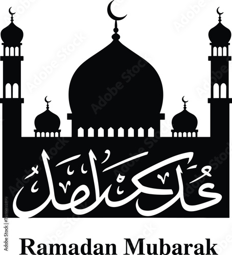 Silhouette of Islamic mosque with crescent moon and Ramadan Mubarak calligraphy, spiritual religious greeting design symbolizing holy month, Eid celebration, Islamic culture, prayer, and tradition.