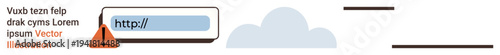 Internet security, error notification, web issues, data access, cybersecurity concern, cloud storage. URL link with warning triangle and cloud icon. Internet security and error notification concepts