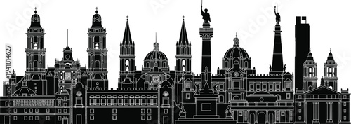 Mexico City skyline silhouette illustration featuring Metropolitan Cathedral, Angel of Independence, Palacio de Bellas Artes, and historic Mexican architecture landmarks icon.