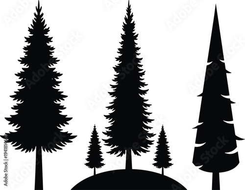 Stylized black silhouette illustration of six coniferous trees with varied shapes and sizes, arranged in balanced composition for forest, botanical, eco‑friendly, and design concepts