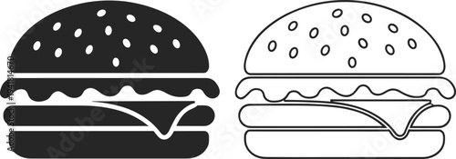 Stylized hamburger icon set featuring solid black silhouette and outlined version with sesame seed bun, cheese, lettuce layers, perfect for food design, menu graphics, branding