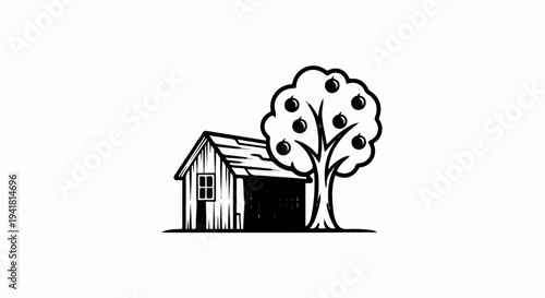 Rustic shed beside a fruit-laden tree, minimalist black and white illustration