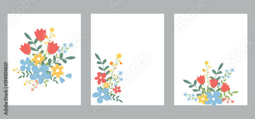 Set of white backgrounds with bouquets of spring flower.