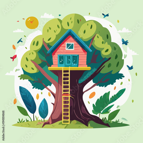 Colorful tree house with ladder.