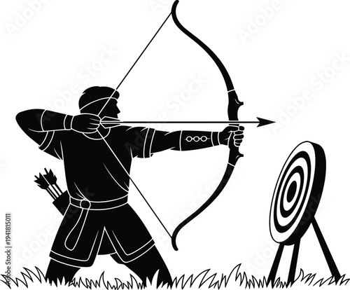 Archer in black silhouette aiming bow at target arrow