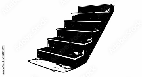 Rough, dark, multi-tiered staircase with white edges, depicted in monochrome