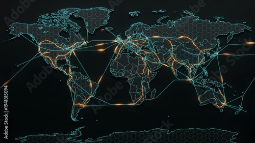 Neon network map of world with glowing connection lines and hexagon grid overlay showing global data routes, digital communication flow