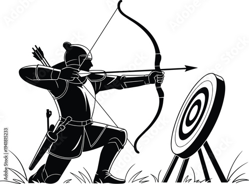 Medieval archer in armor aiming bow at target arrow