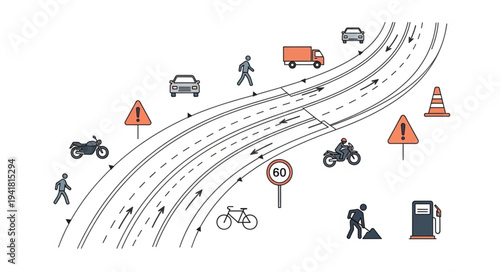 Road traffic scene with various vehicles and pedestrians illustration.
