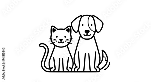 Cat and dog sitting together in a clean line art style, with simple shapes and outlines, symbolizing pet friendship