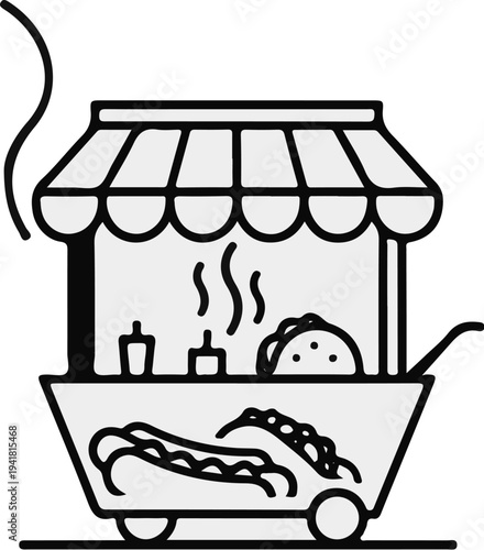 Rolling food cart with steaming hot dogs and tacos