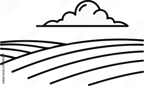 Rolling hills under a stylized cloud in a simple line art drawing