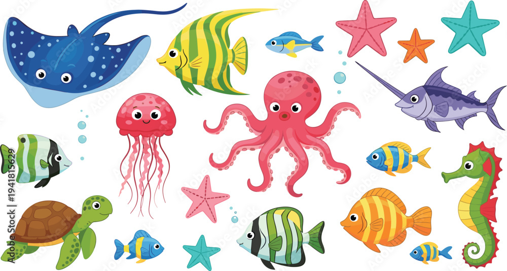 Obraz premium Colorful Ocean Animals Cartoon Set with Octopus, Stingray, Seahorse, Turtle, Jellyfish, Starfish, and Tropical Fish for Kids Marine Illustration.