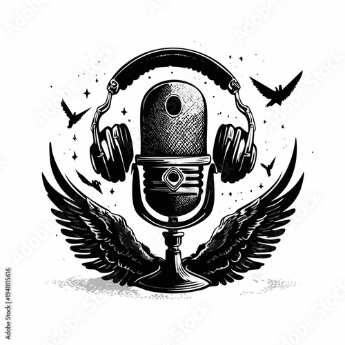 Vintage Microphone with Headphones and Wings.