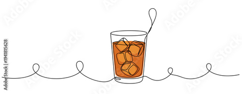 Glass with iced drink placed on continuous line over white background